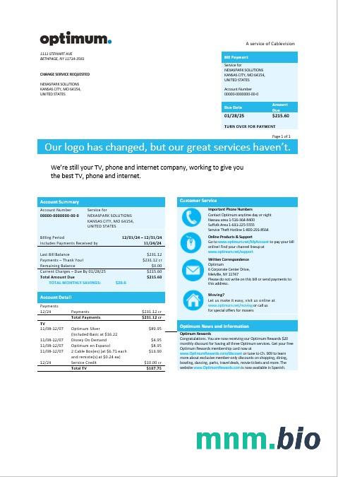 USA New York Optimum cablevision rachunek za usługi komunalne szablon w formacie Word i PDF